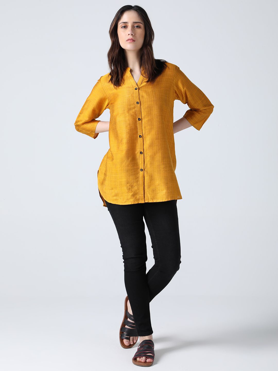

IDK Women Solid Mandarin Collar Top, Mustard