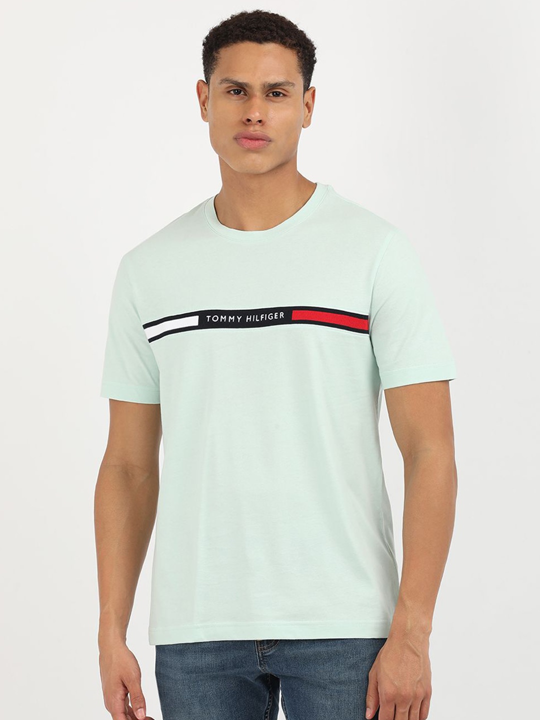 

Tommy Hilfiger Men Brand Logo Printed Round Neck Cotton T-shirt, Blue