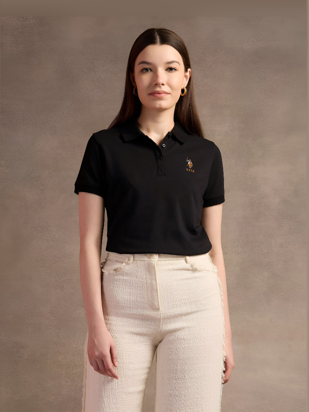 

U.S. Polo Assn. Women Brand Logo Printed Polo Collar Cotton T-shirt, Black