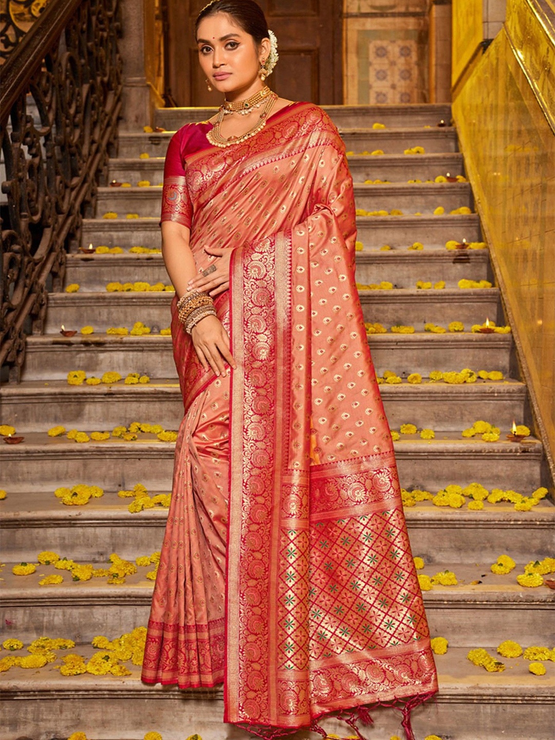 

MySilkLove Woven Design Zari Silk Banarasi Saree, Peach