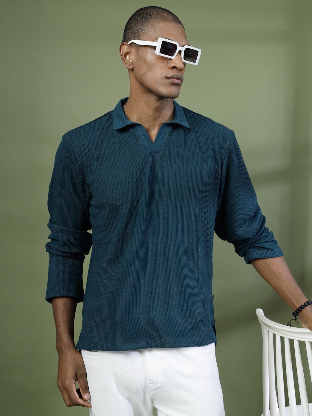 

Rigo Men Solid Polo Collar Cotton Oversized T-shirt, Teal