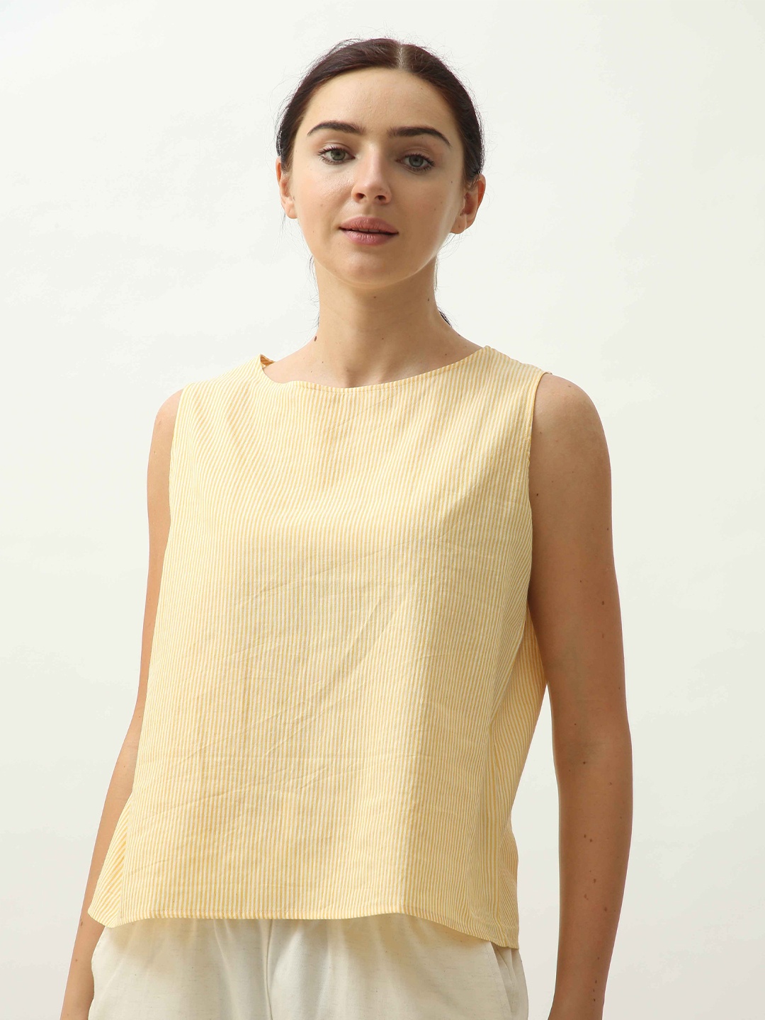 

Saltpetre Women Vertical Striped Boat Neck Cotton Top, Yellow