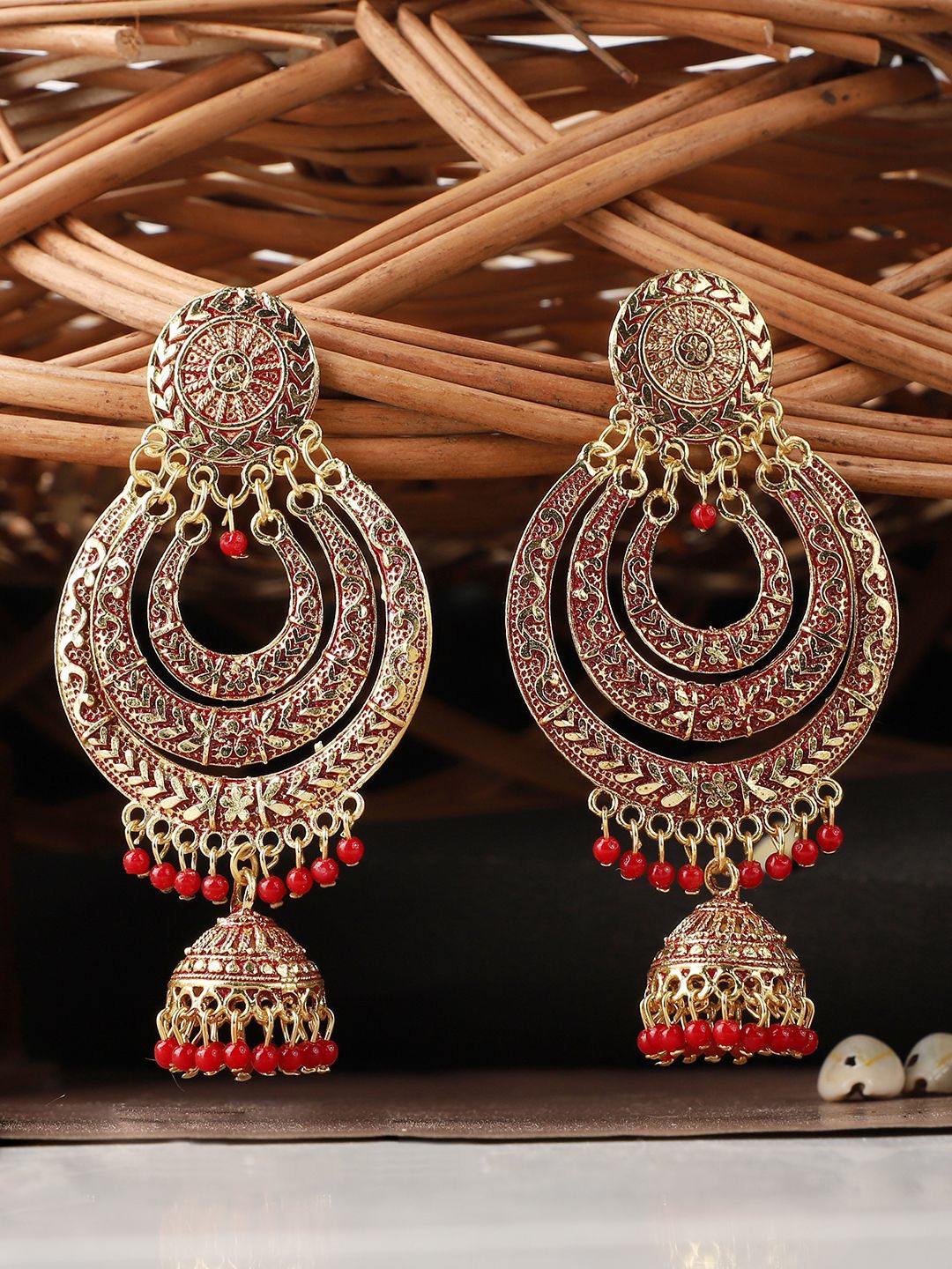 

ANIKAS CREATION Gold Plated Artificial Beads Studded Contemporary Jhumkas