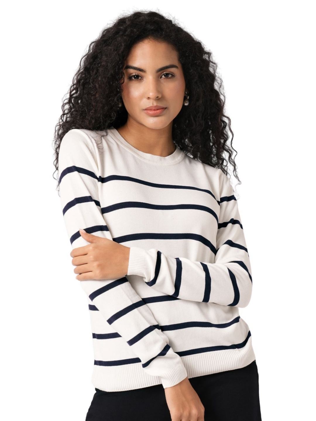 

Kraus Jeans Women Striped Round Neck Cotton Slim Fit T-shirt, White