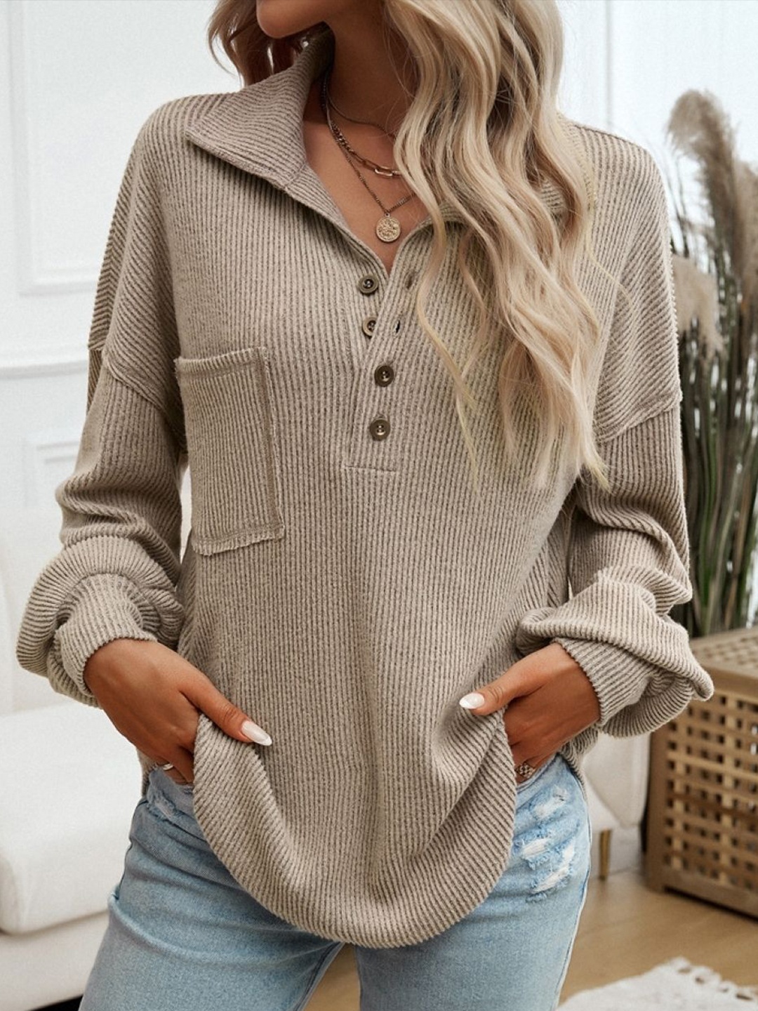 

KPOP Women Shirt Collar Regular Top, Brown