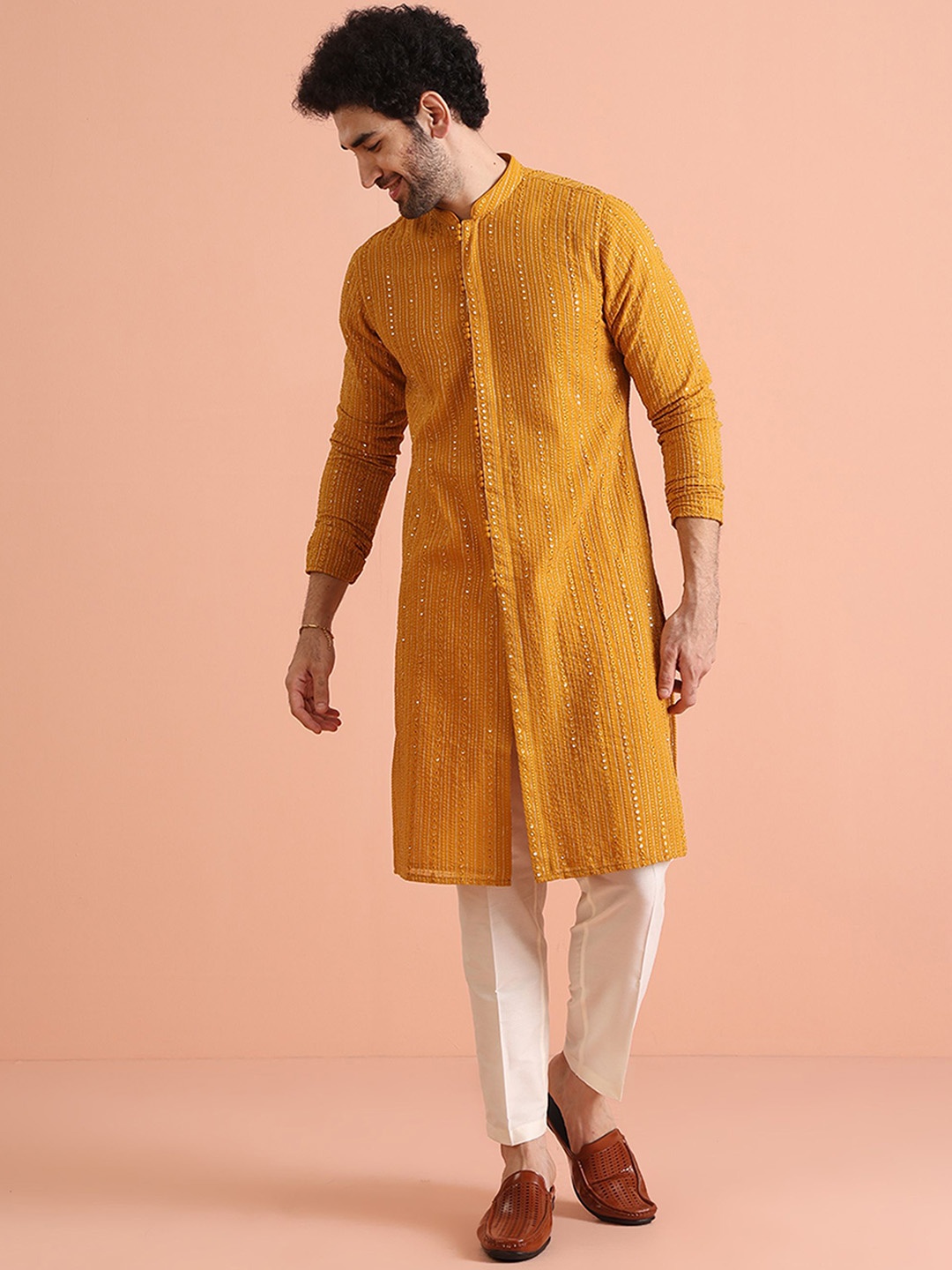 

KISAH Men Embroidered Regular Fit Sequinned Kurta Trouser Set, Mustard