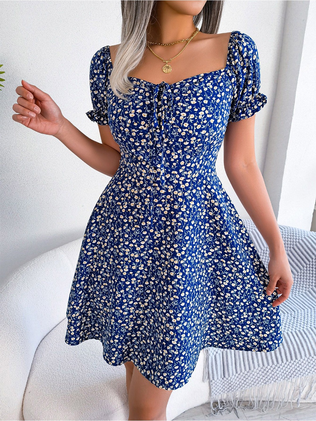 

HERE&NOW Floral Print Puff Sleeve Fit & Flare Dress, Navy blue