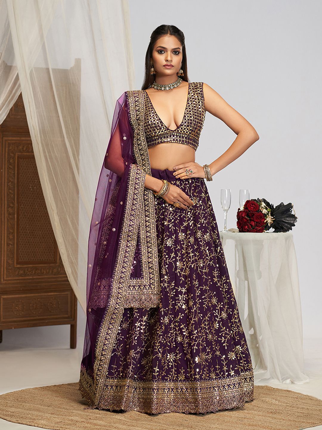 

JIHU CULTURE Embellished V-Neck Semi Stitched Lehenga & Unstitched Blouse With Dupatta, Purple