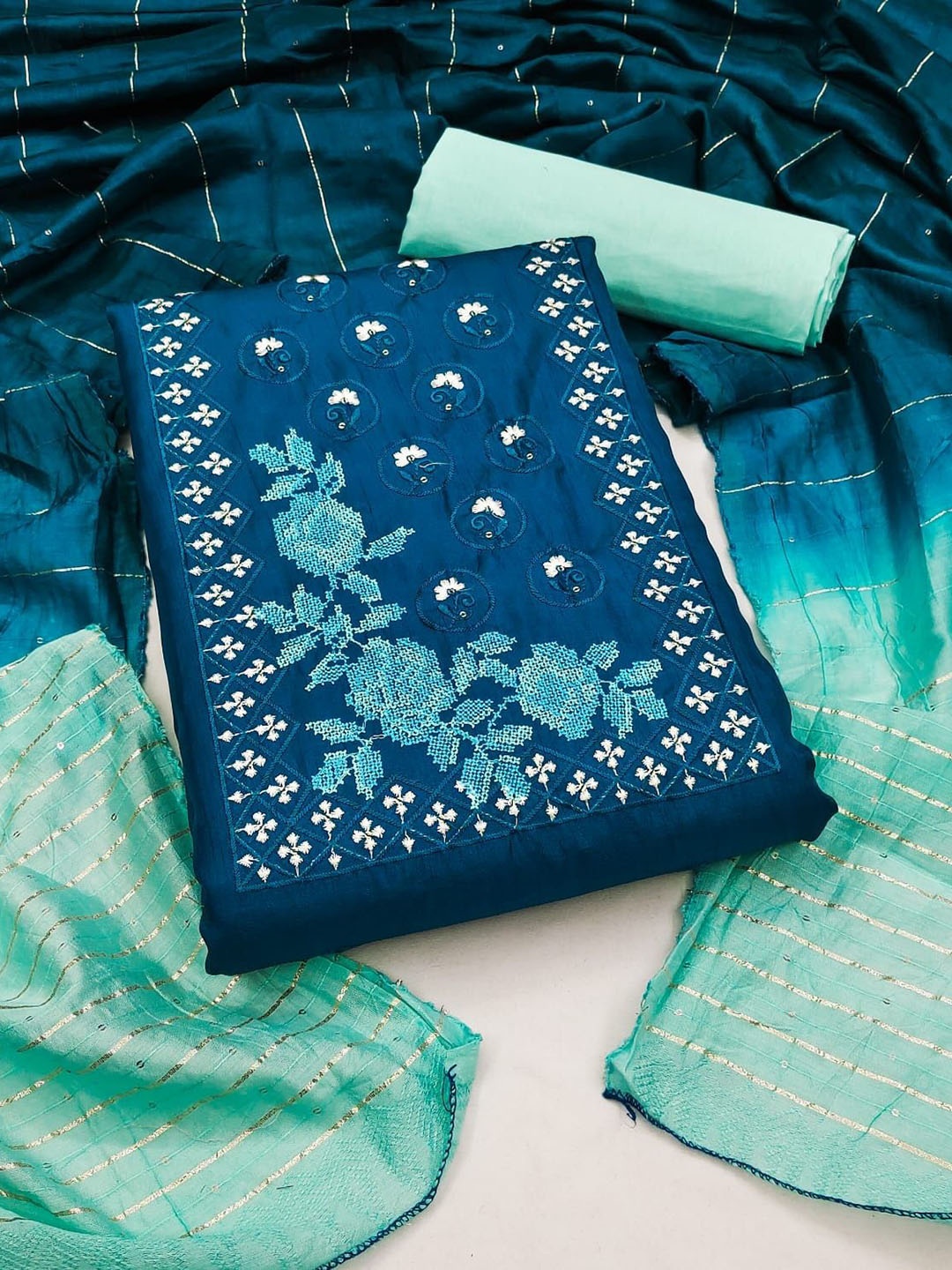 

Aika Ethnic Motifs Embroidered Sequinned Pure Silk Unstitched Dress Material, Blue