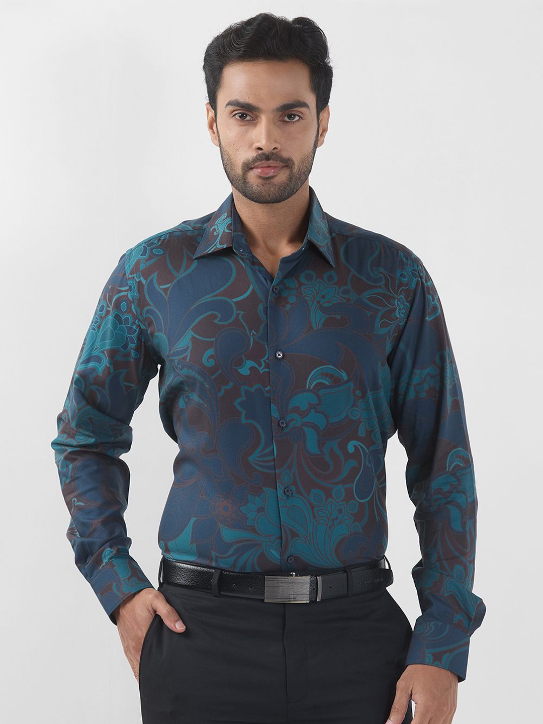 

Raymond Men Spread Collar Floral Printed Cotton Formal Shirt, Blue
