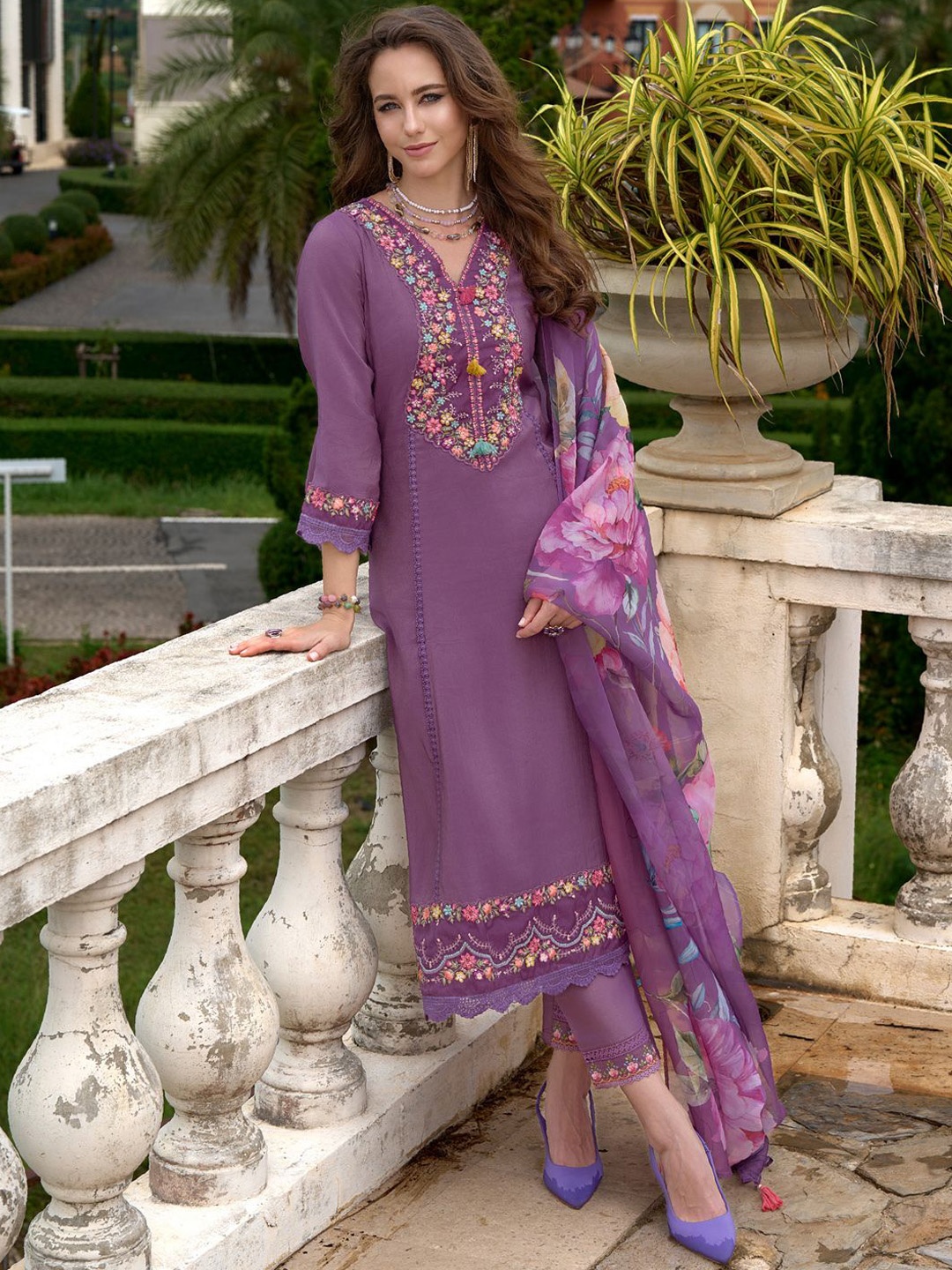 

Indo Era Floral Embroidered A-Line Kurta With Trousers & Dupatta, Purple