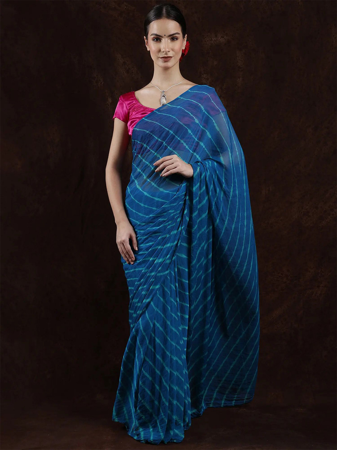 

Exotic India Crystal Tea Leharia Tie-Dye Chiffon Saree, Blue