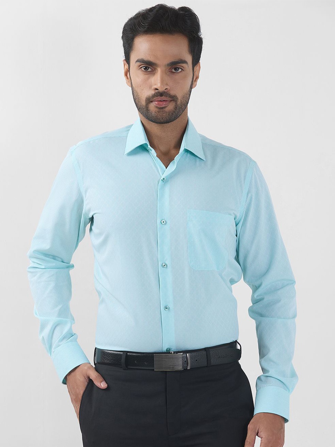

Raymond Men Contemporary Fit Spread Collar Micro Checked Cotton Formal Shirt, Green