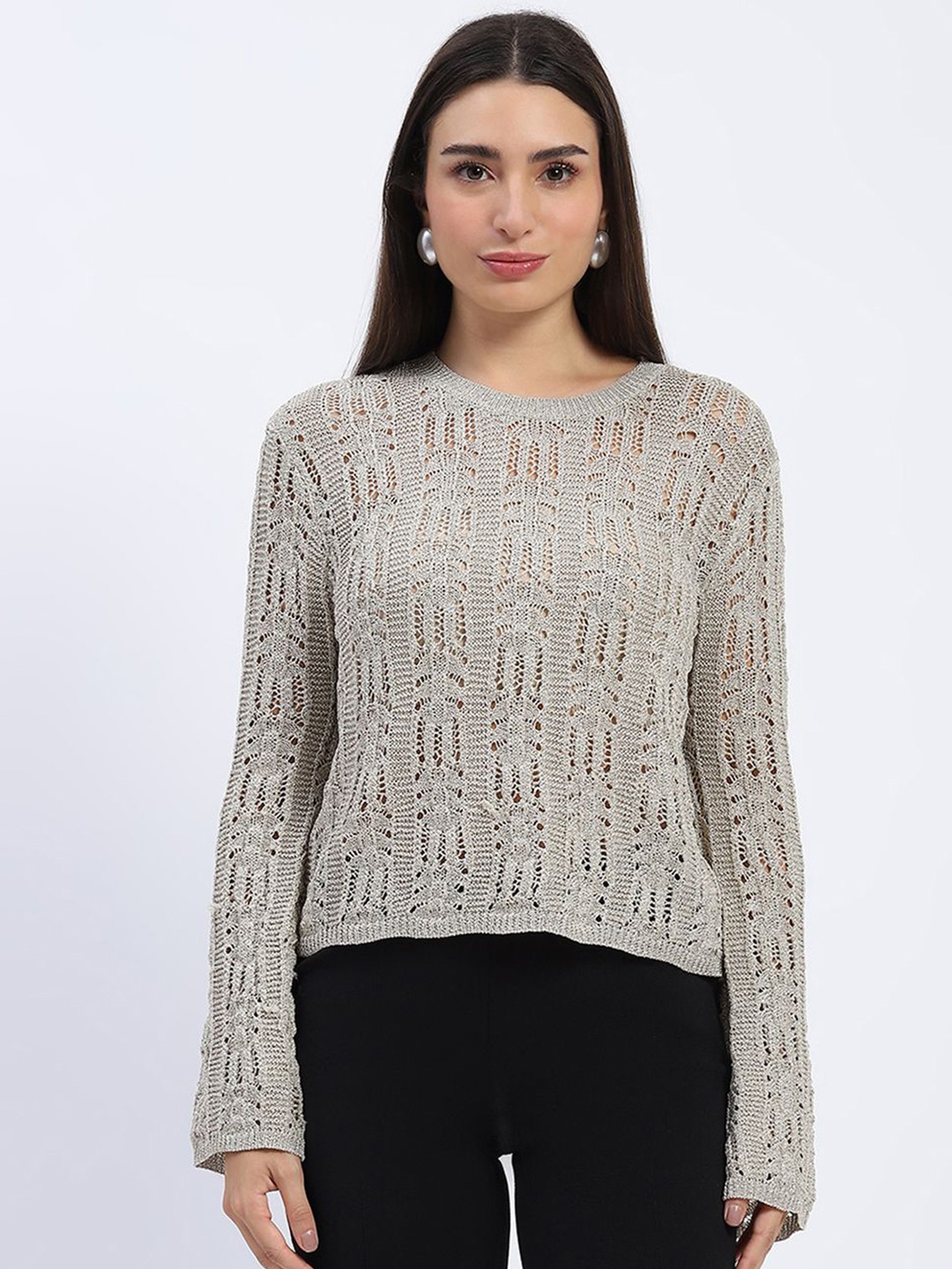 

Madame Women Self Design Round Neck Top, Beige