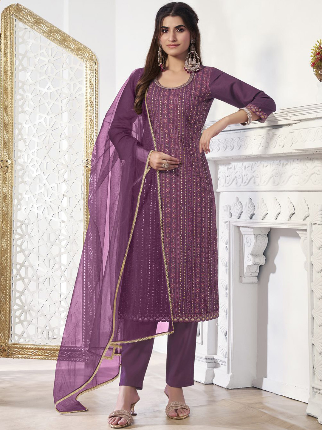 

Inddus Women Ethnic Motifs Sequinned Embroidered Kurta Set with Dupatta, Purple
