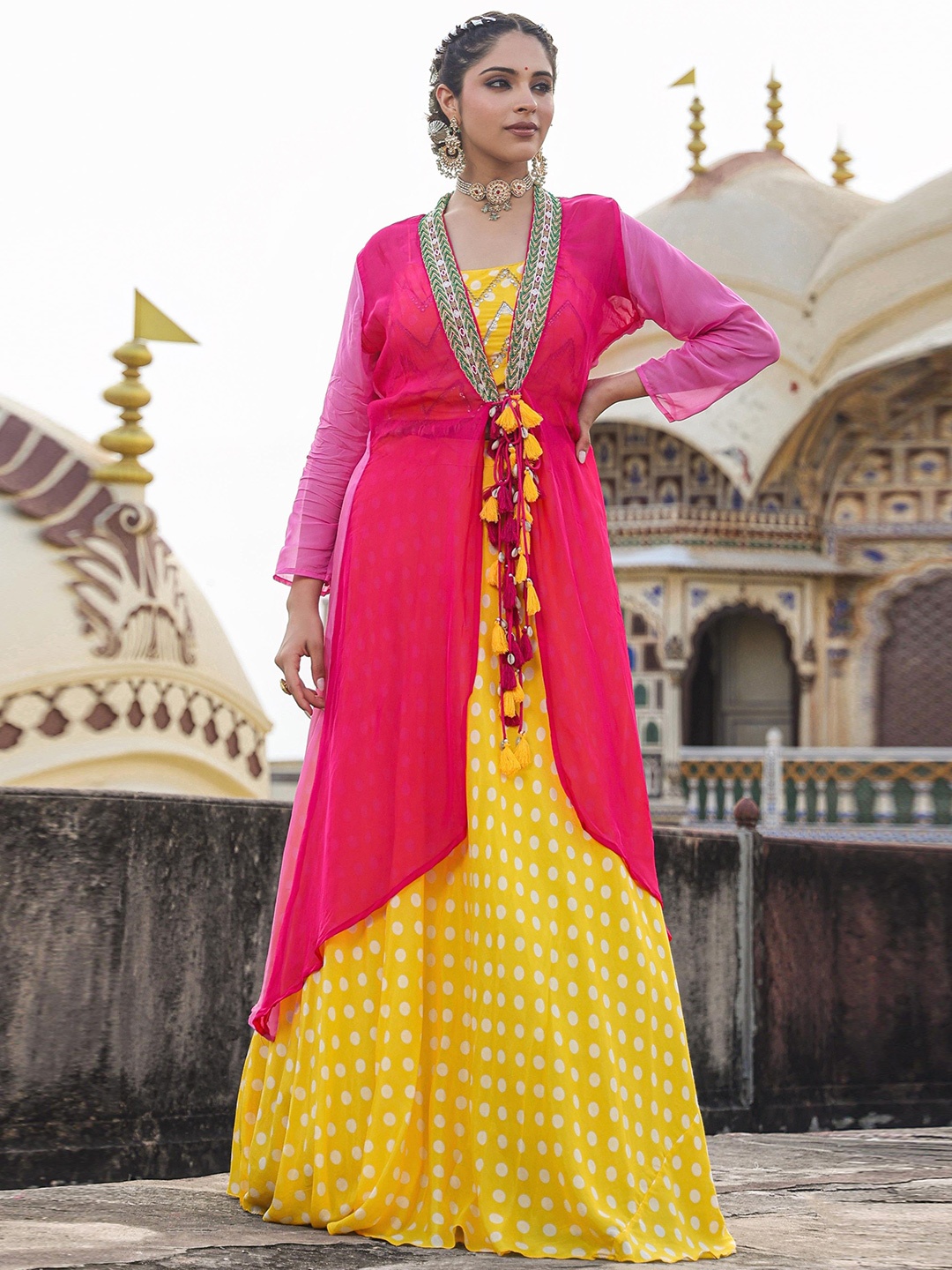 

SCAKHI Printed Beads and Stones Ready to Wear Lehenga & Blouse, Yellow