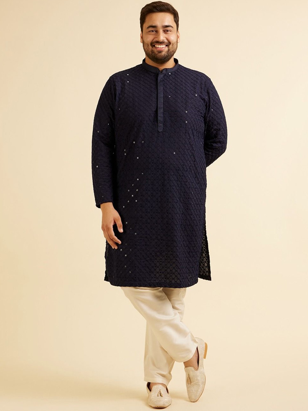 

Manyavar Plus Size Geometric Embroidered Sequinned Straight Kurta With Pyjama, Blue