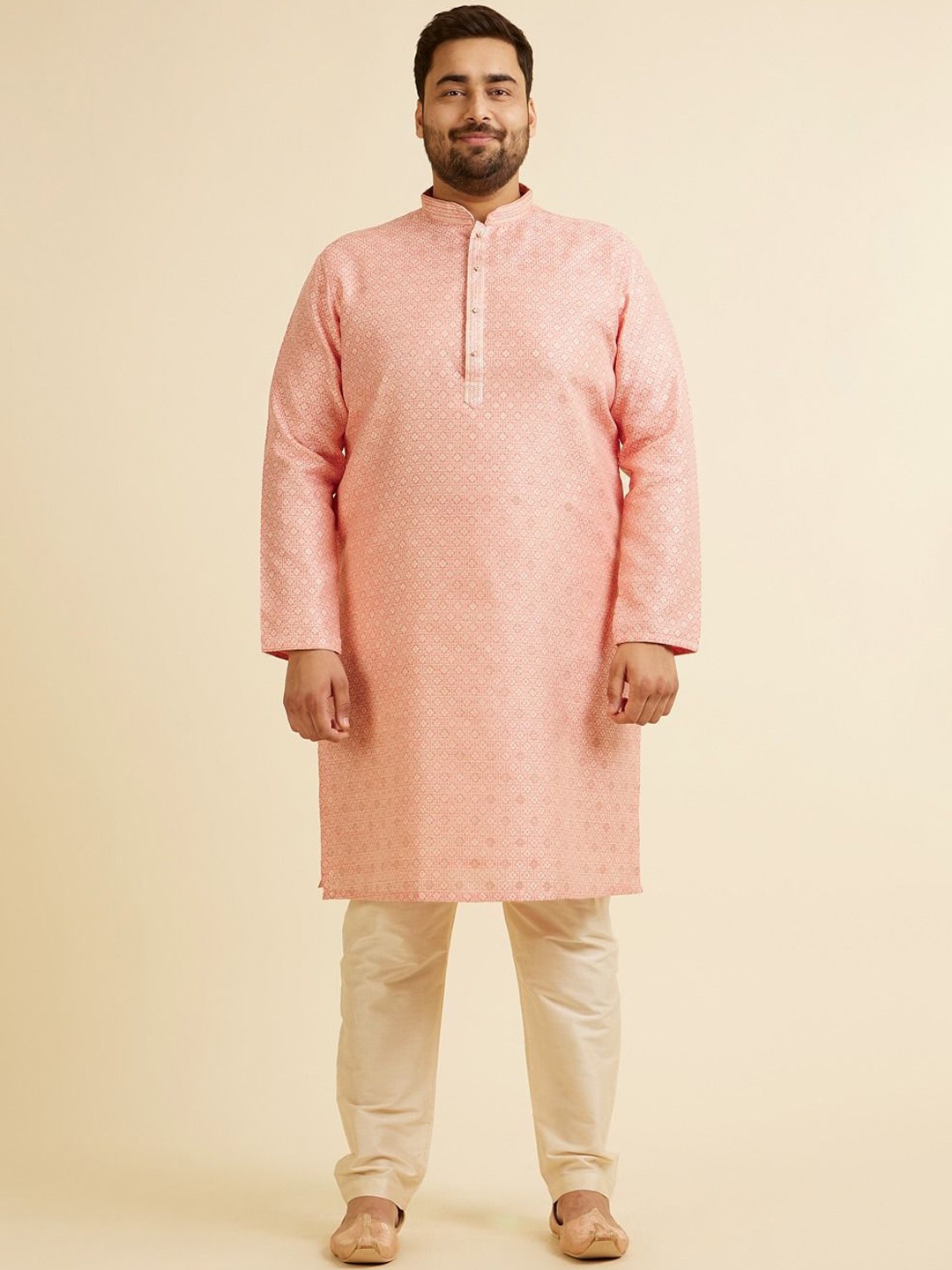 

Manyavar Plus Size Ethnic Motifs Woven Design Regular Thread Work Kurta With Pyjama, Coral