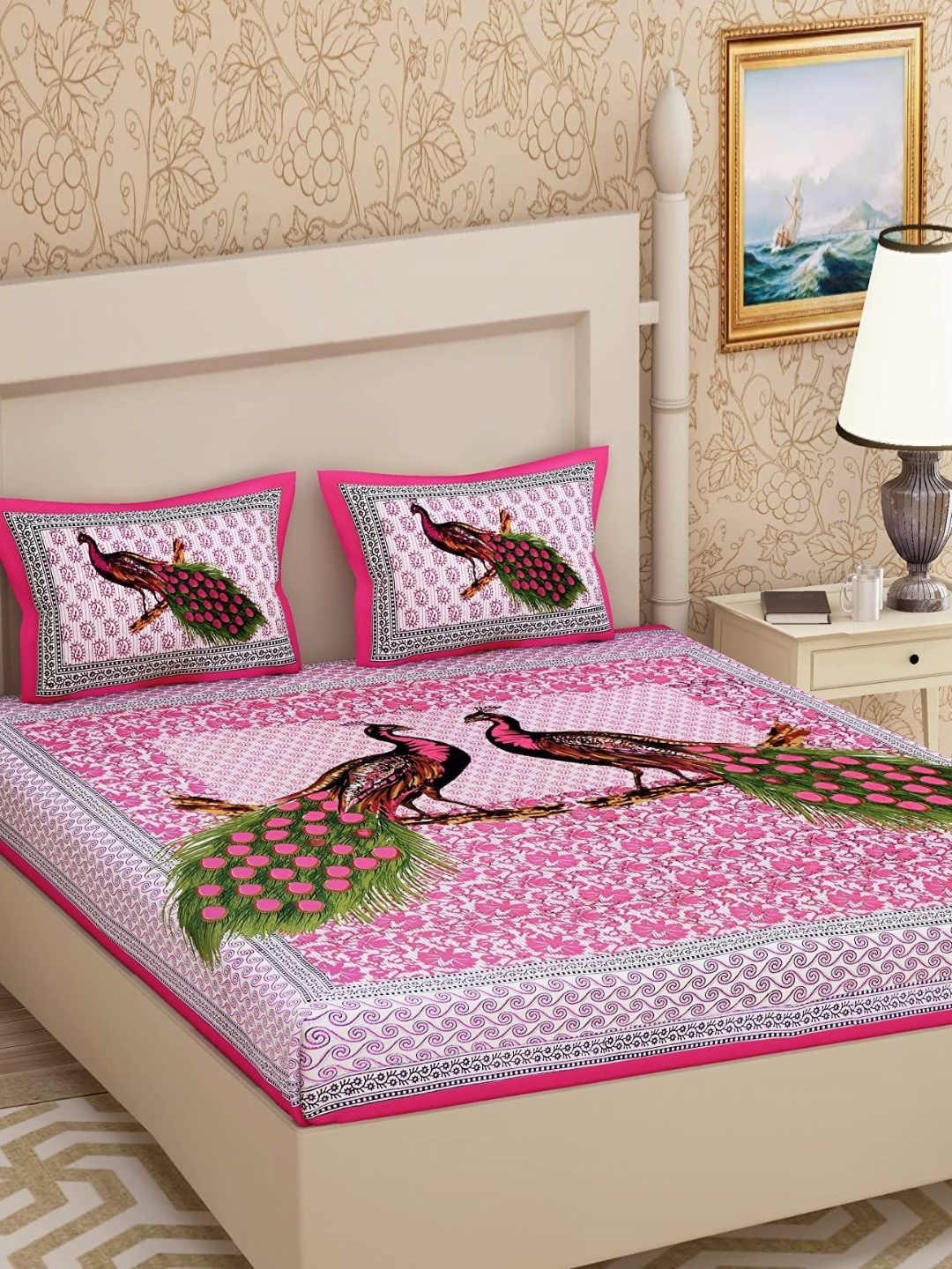 

AYAT COLLECTION Pink Peacocks Printed Pure Cotton 144 TC Queen Bedsheet & 2 Pillow Covers