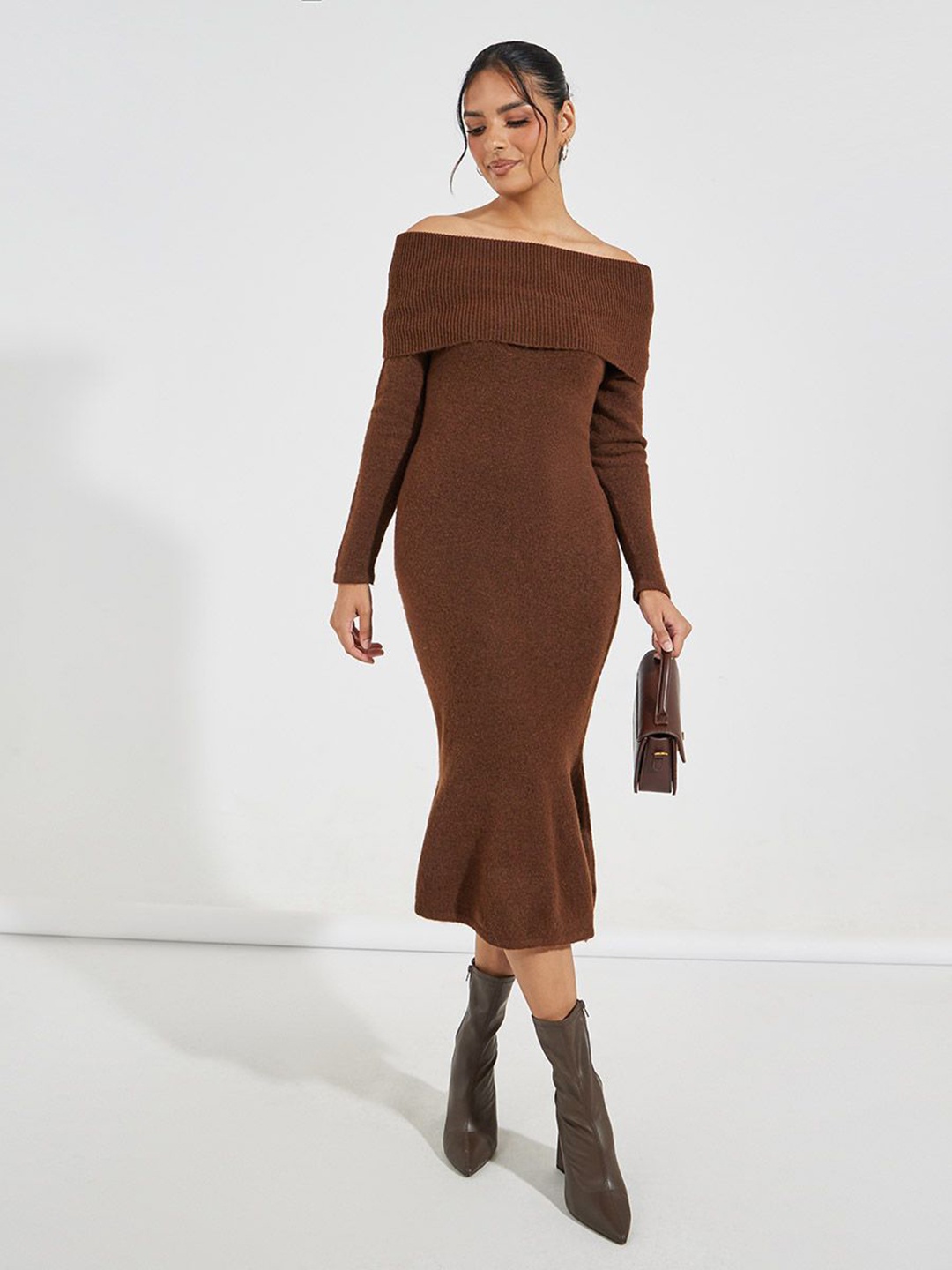 

Women Off Shoulder Mermaid Hem Bodycon Sweater Midi Dress, Brown