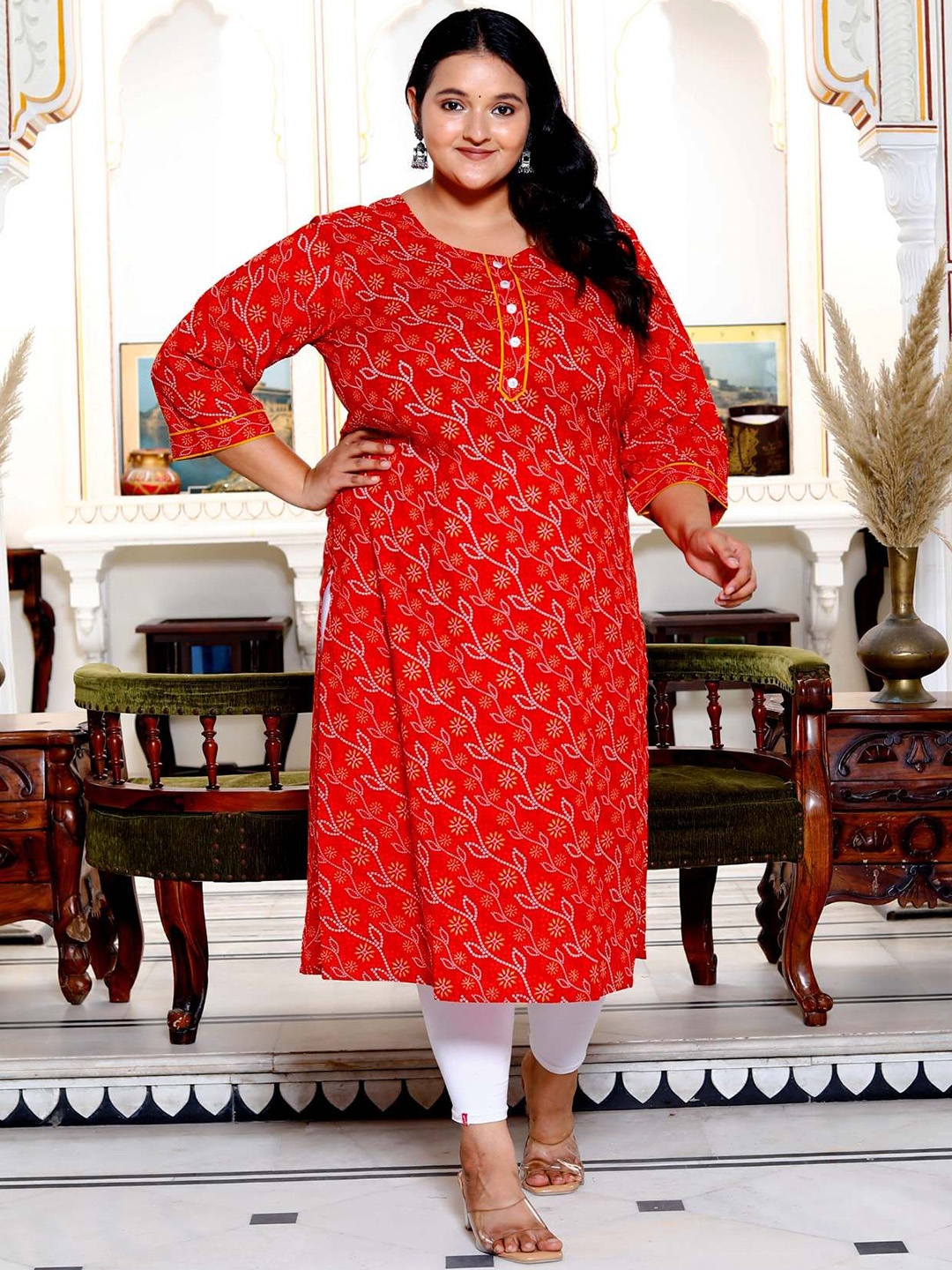 

KALINI Plus Size Floral Printed Round Neck Cotton Straight Kurta, Red
