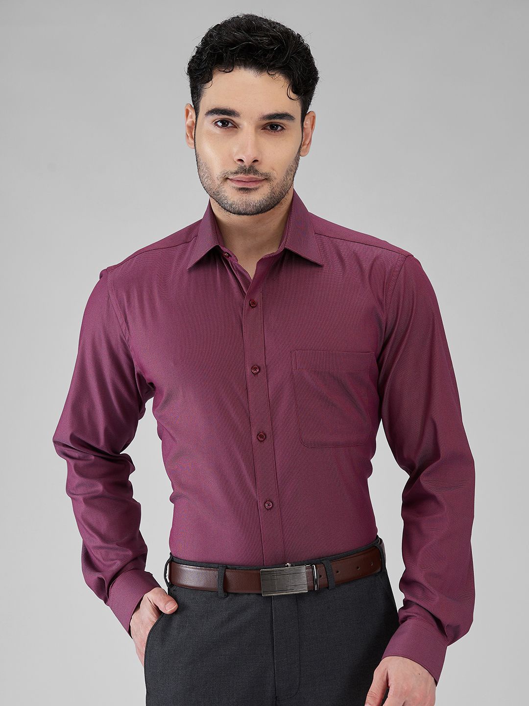 

Raymond Men Spread Collar Solid Cotton Slim Fit Formal Shirt, Maroon