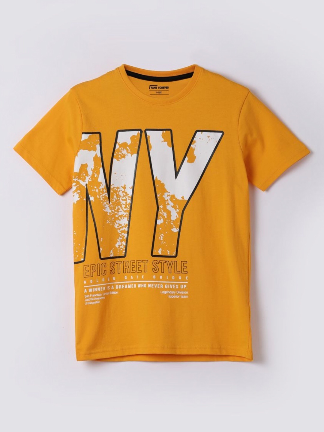 

Fame Forever by Lifestyle Boys Dry Fit Typography Printed Round Neck Cotton T-shirt, Mustard