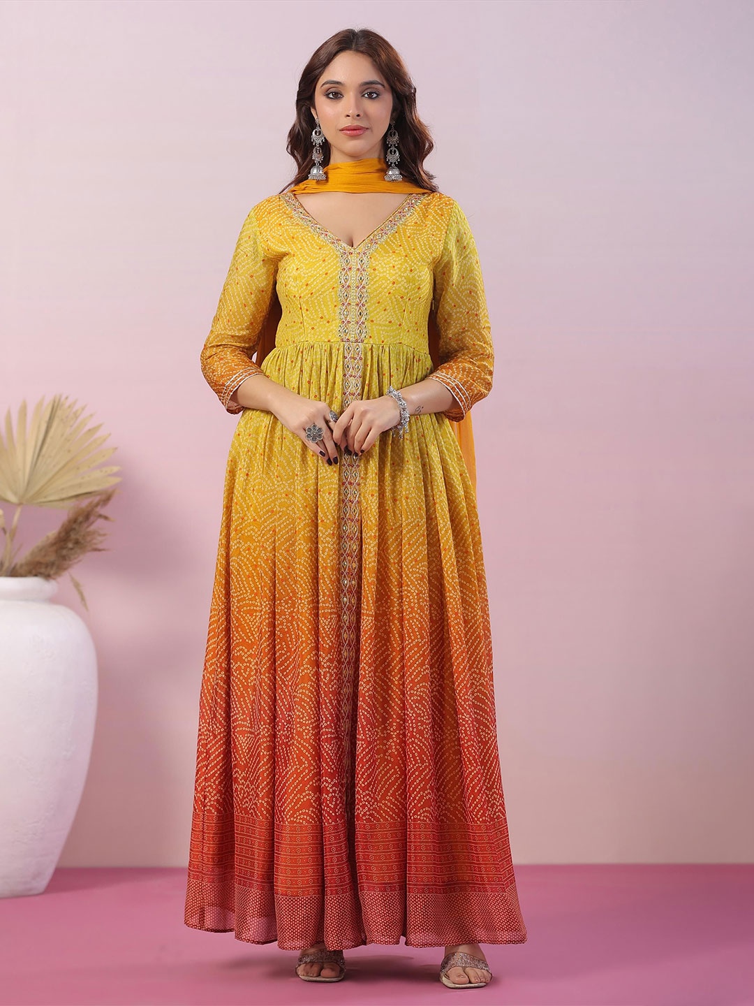 

SCAKHI Bandhani Printed Mirror Work Anarkali Kurta with Trousers & Dupatta, Yellow