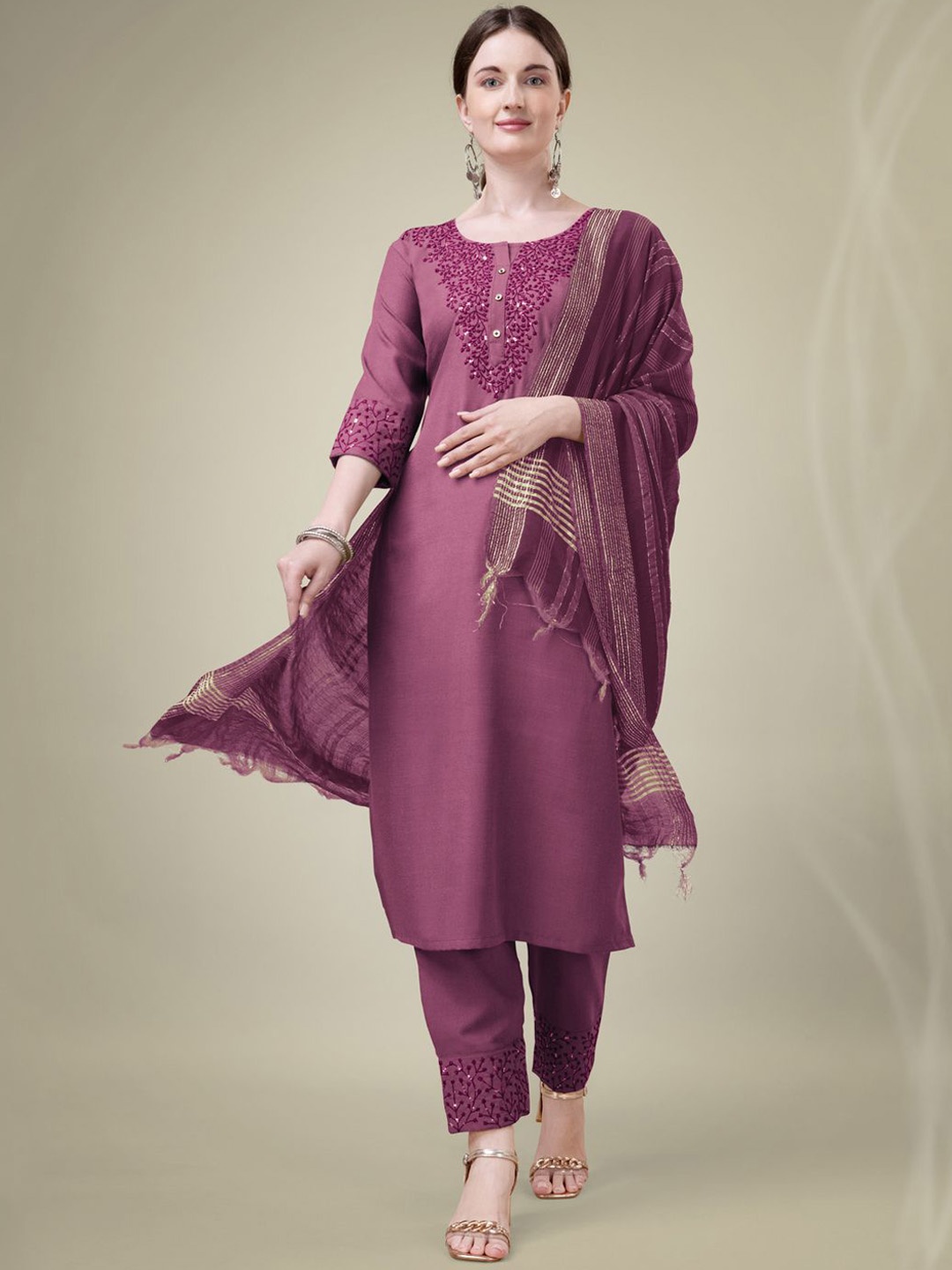 

KAYOMMI Floral Embroidered Sequinned Kurta with Trousers & Dupatta, Purple