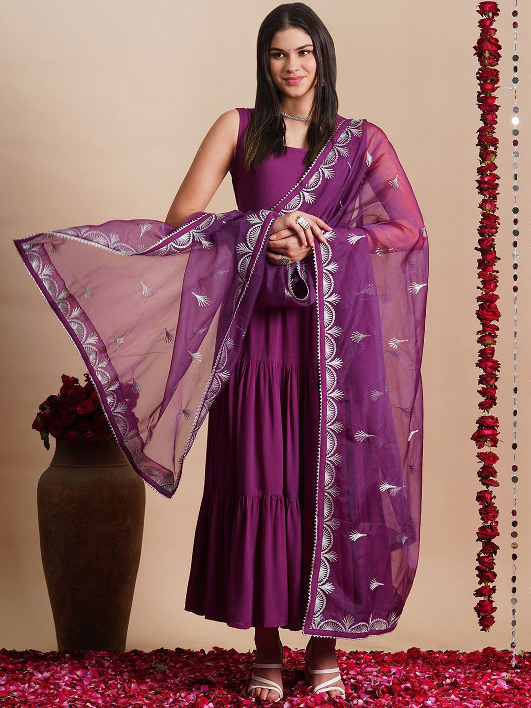 

KALINI Tiered Sleeveless Anarkali Kurta With Trouser & Dupatta, Purple