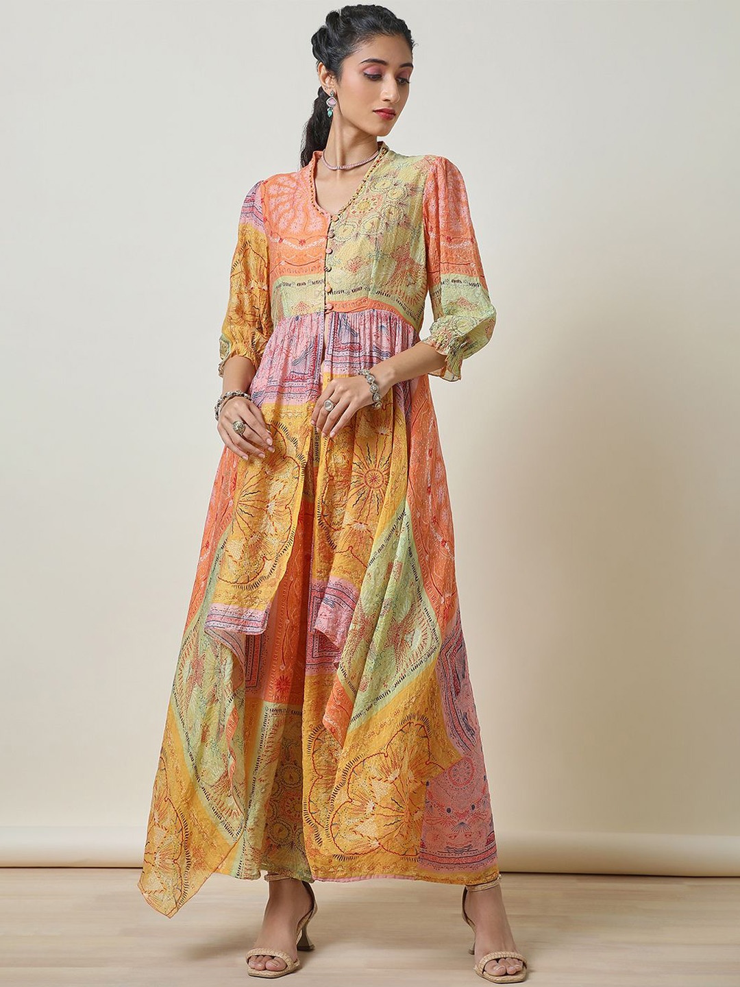 

Soch Ethnic Motifs Printed Beads and Stones Pure Cotton A-Line Top with Palazzos, Orange