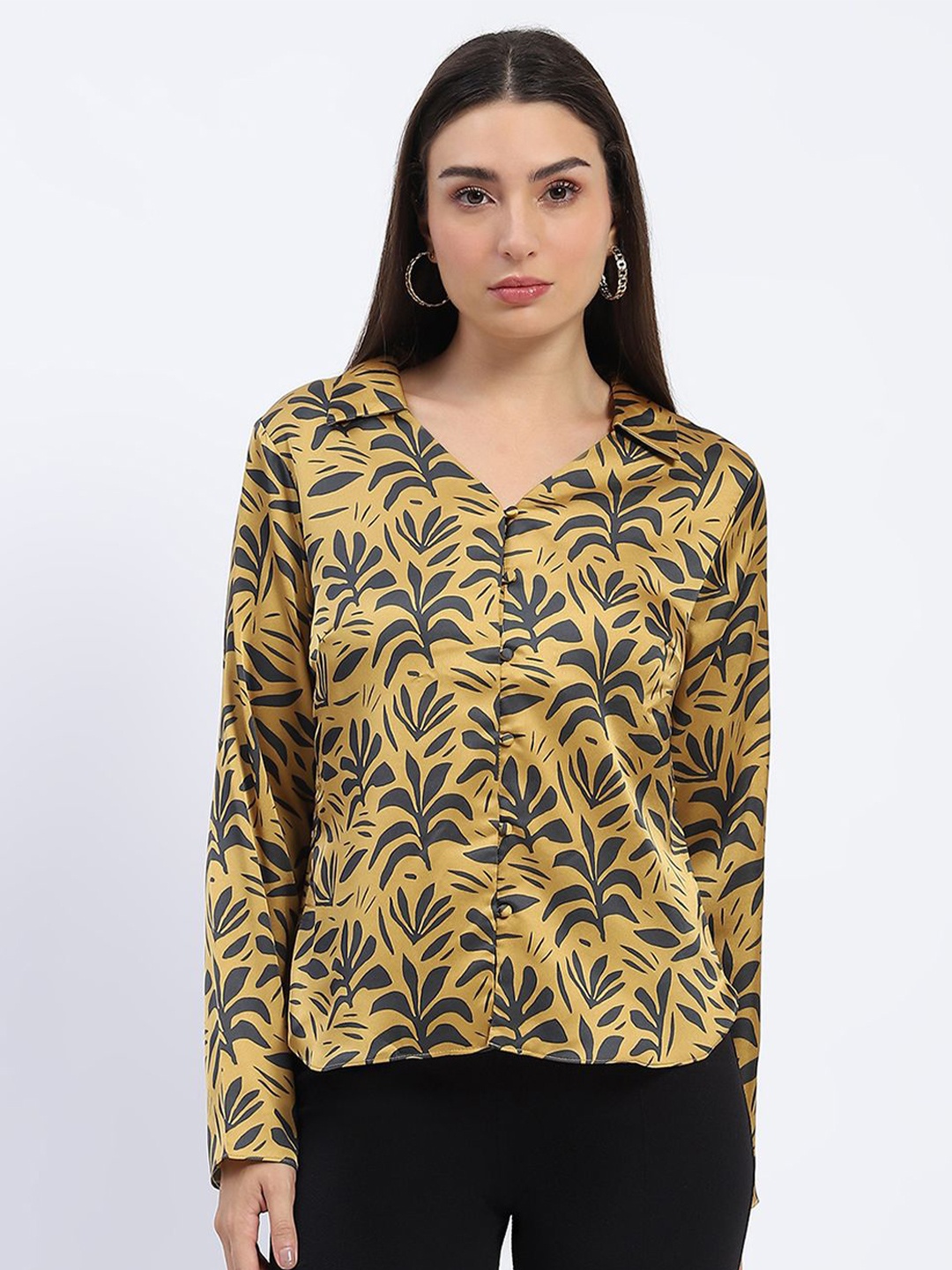 

Madame Women Floral Printed Shirt Collar Top, Mustard