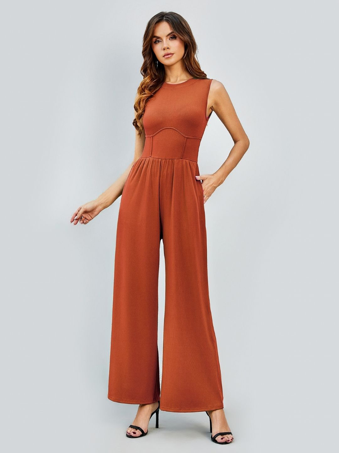 

KPOP Sleeveless Flared Leg Basic Jumpsuit, Rust
