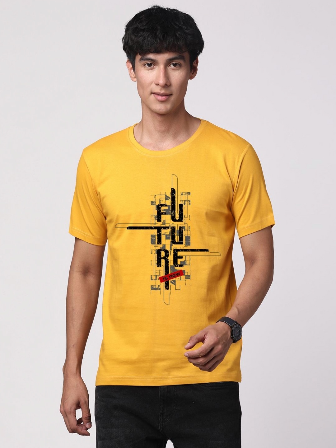 

ADRO Men Graphic Printed Round Neck Cotton T-shirt, Mustard