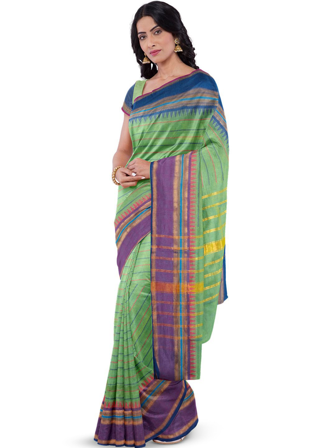 

Avishya Striped Zari Pure Cotton Kanjeevaram Saree, Green