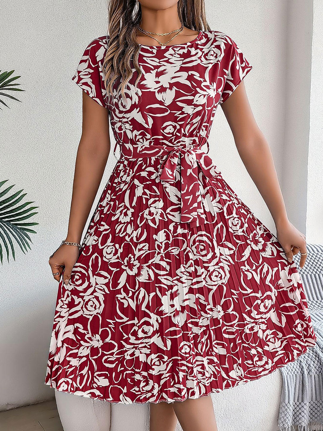 

HERE&NOW Women Floral Print Fit & Flare Dress, Red
