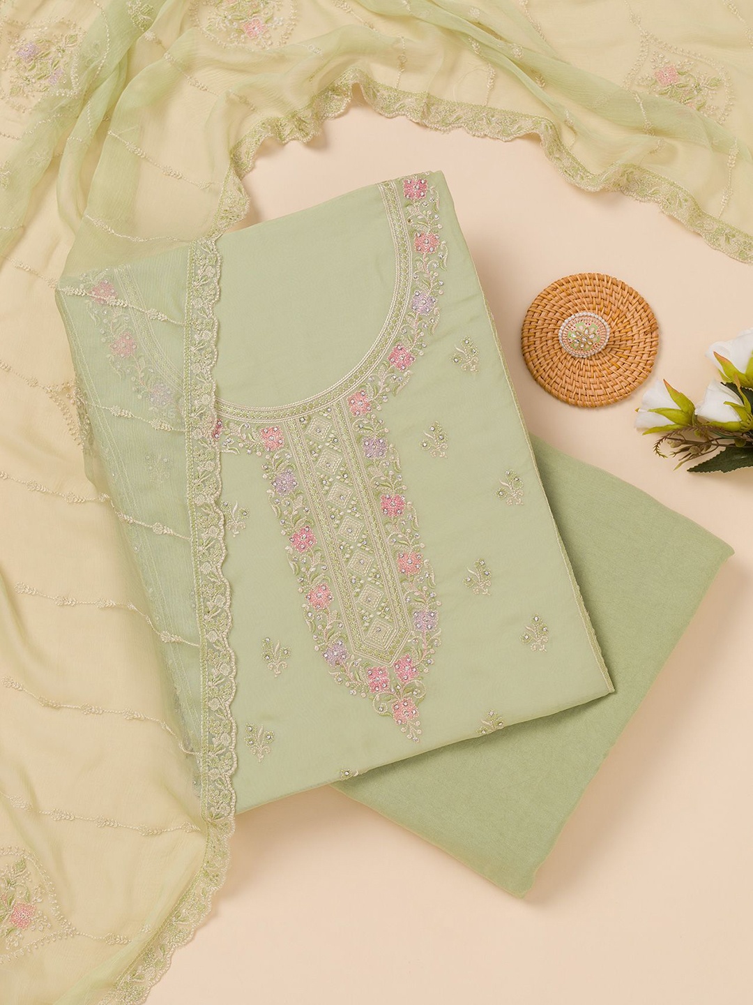 

Koskii Floral Embroidered Zari Unstitched Dress Material, Green