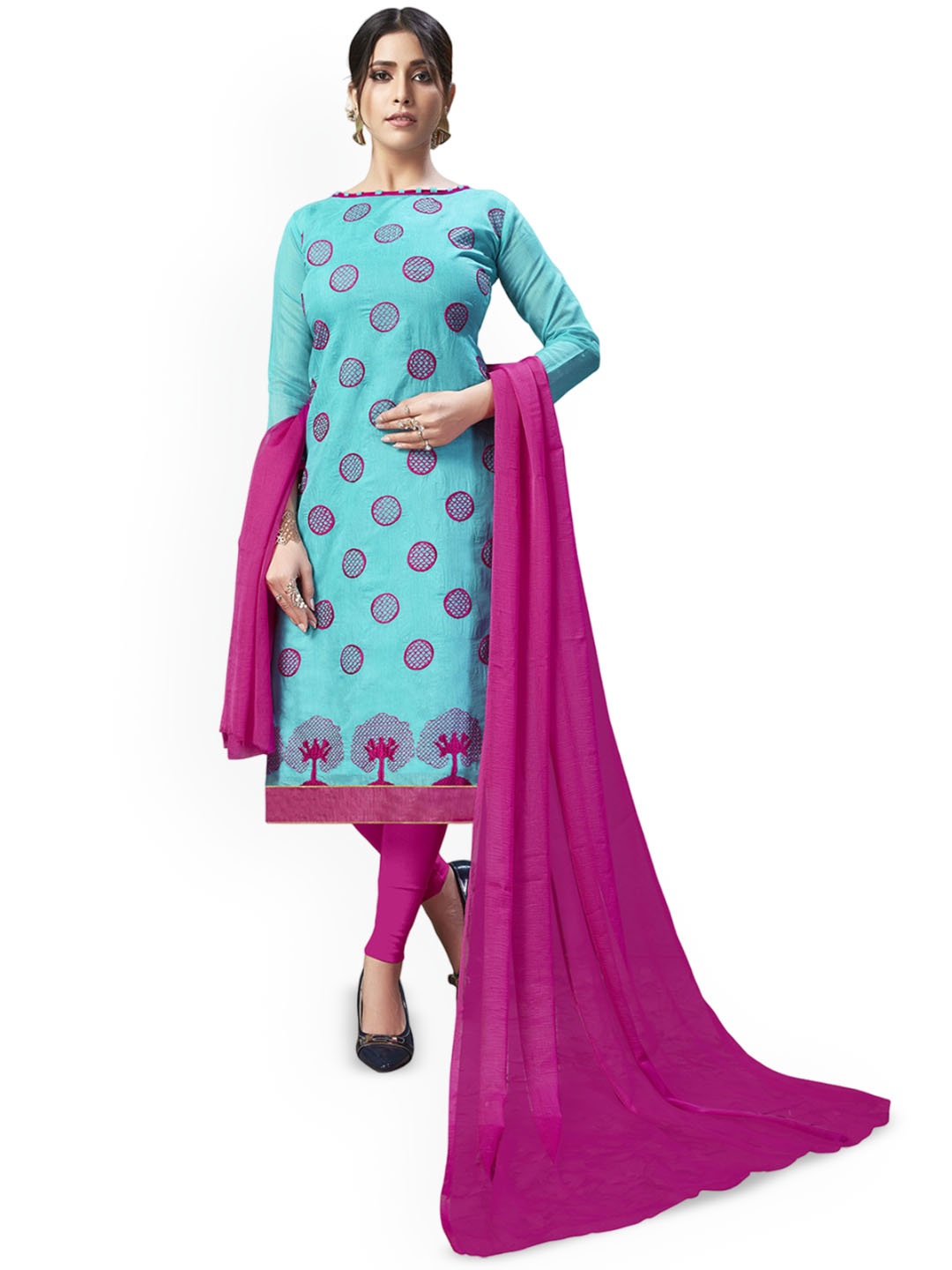 

Aika Geometric Embroidered Thread Work Silk Chiffon Unstitched Dress Material, Turquoise blue