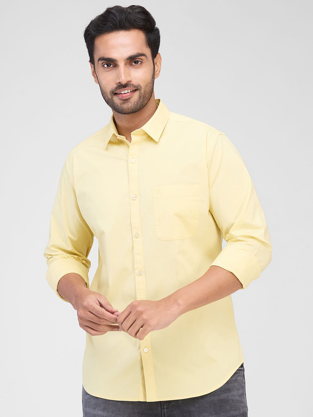 

Raymond Men Spread Collar Solid Cotton Slim Fit Casual Shirt, Yellow