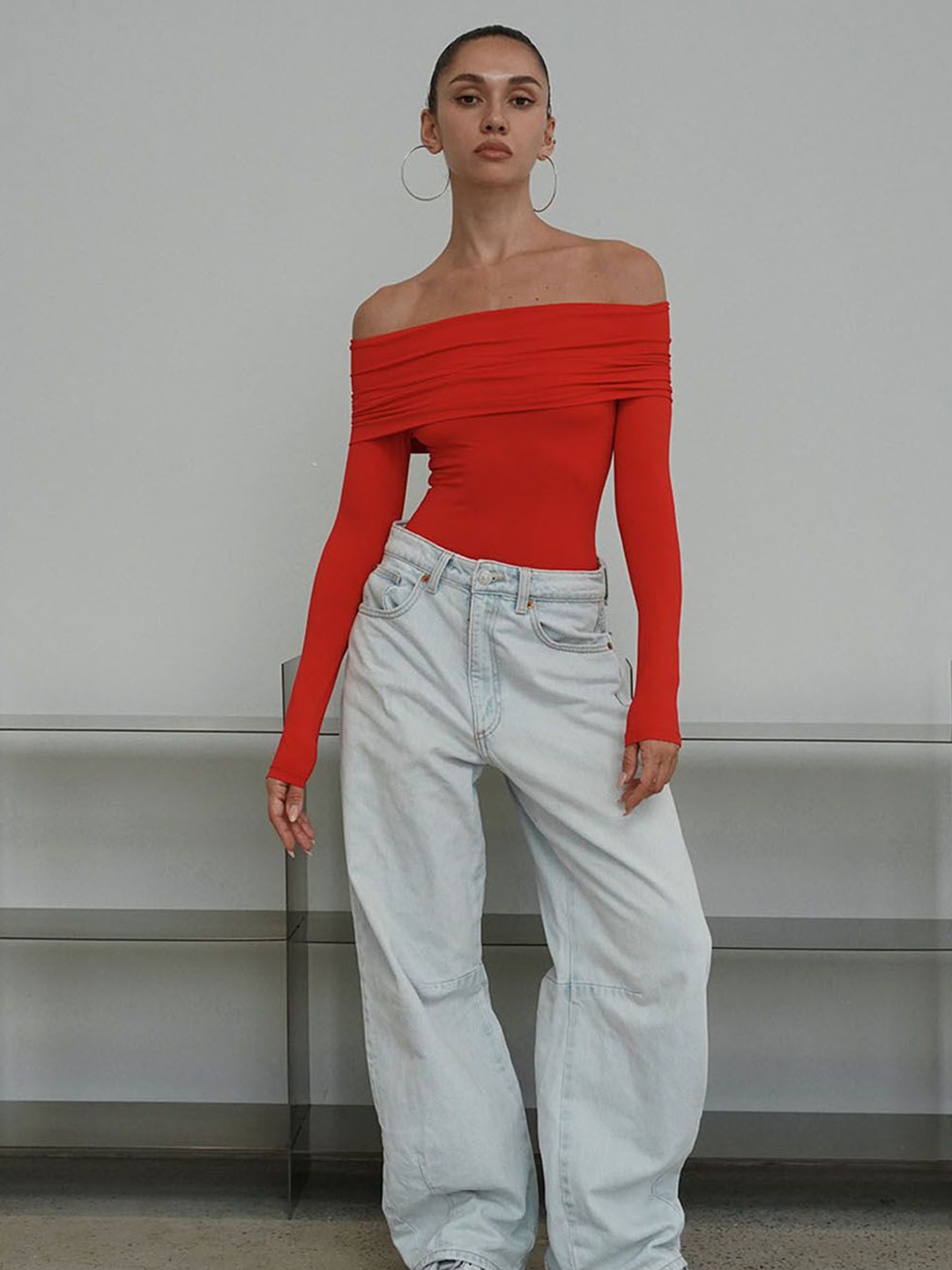 

Bonkers Corner Off Shoulder Bodysuit, Red