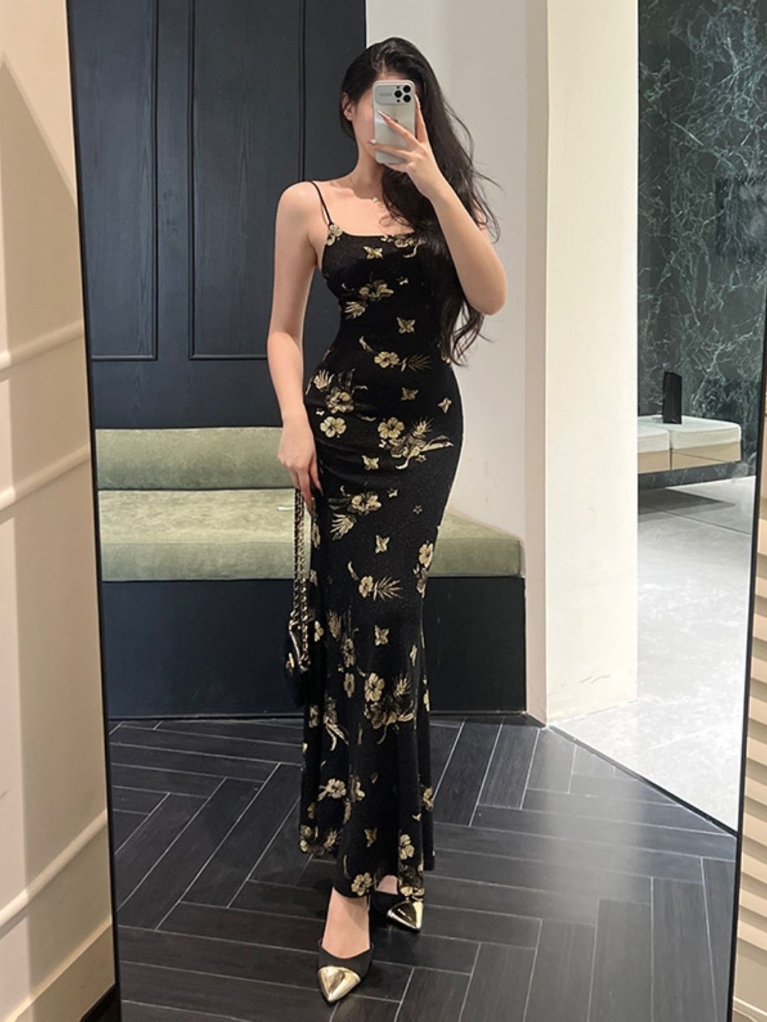 

KPOP Women Floral Print Bodycon Maxi Dress, Black