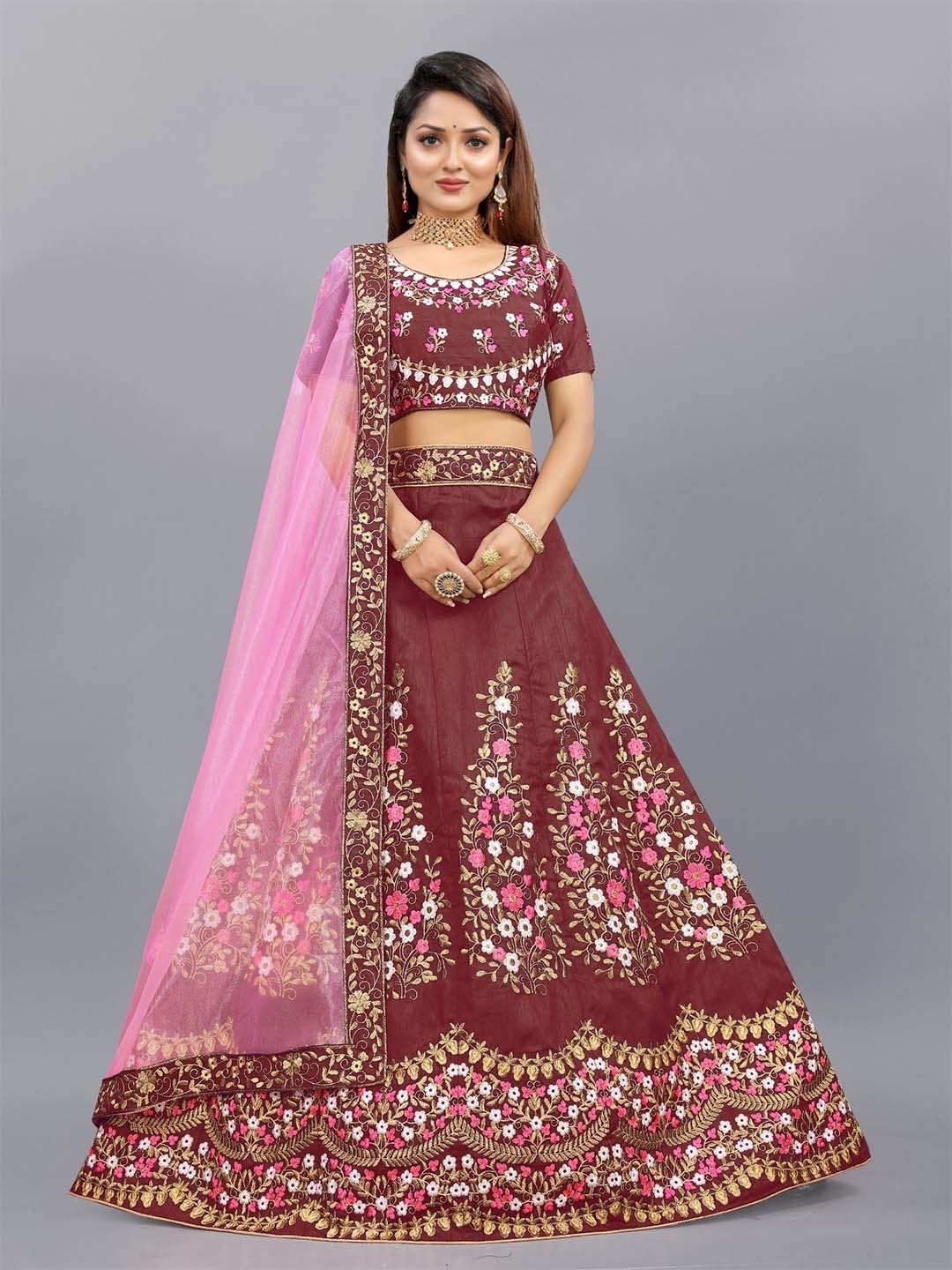 

Aika Embroidered Thread Work Semi-Stitched Lehenga & Unstitched Blouse With Dupatta, Maroon
