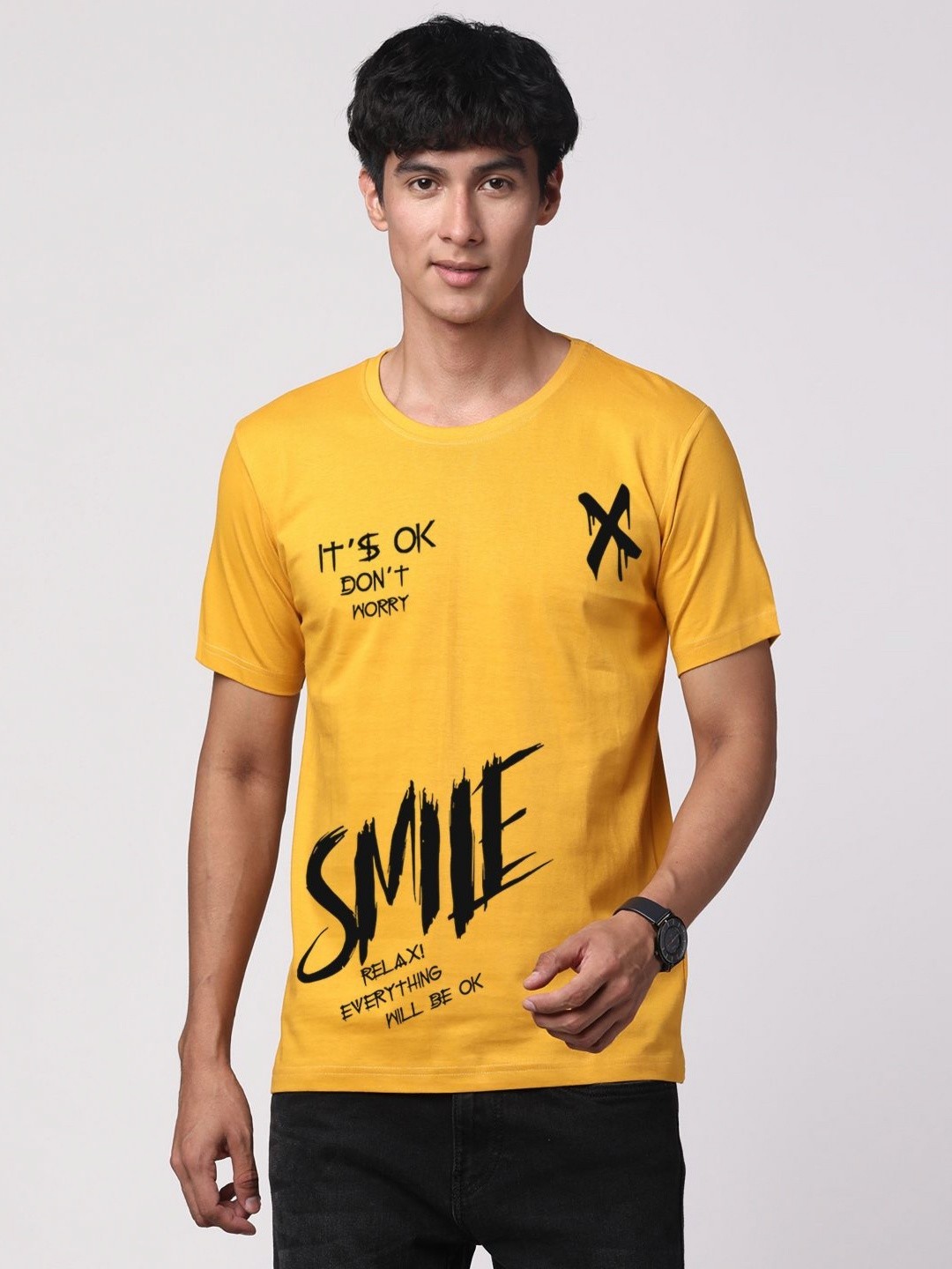 

ADRO Men Graphic Printed Round Neck Cotton T-shirt, Mustard