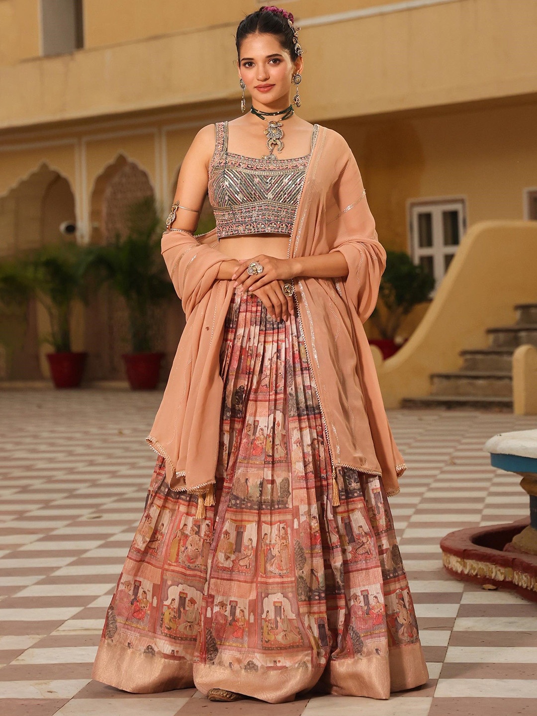 

SCAKHI Embellished Beads and Stones Printed Ready to Wear Lehenga & Blouse With Dupatta, Brown