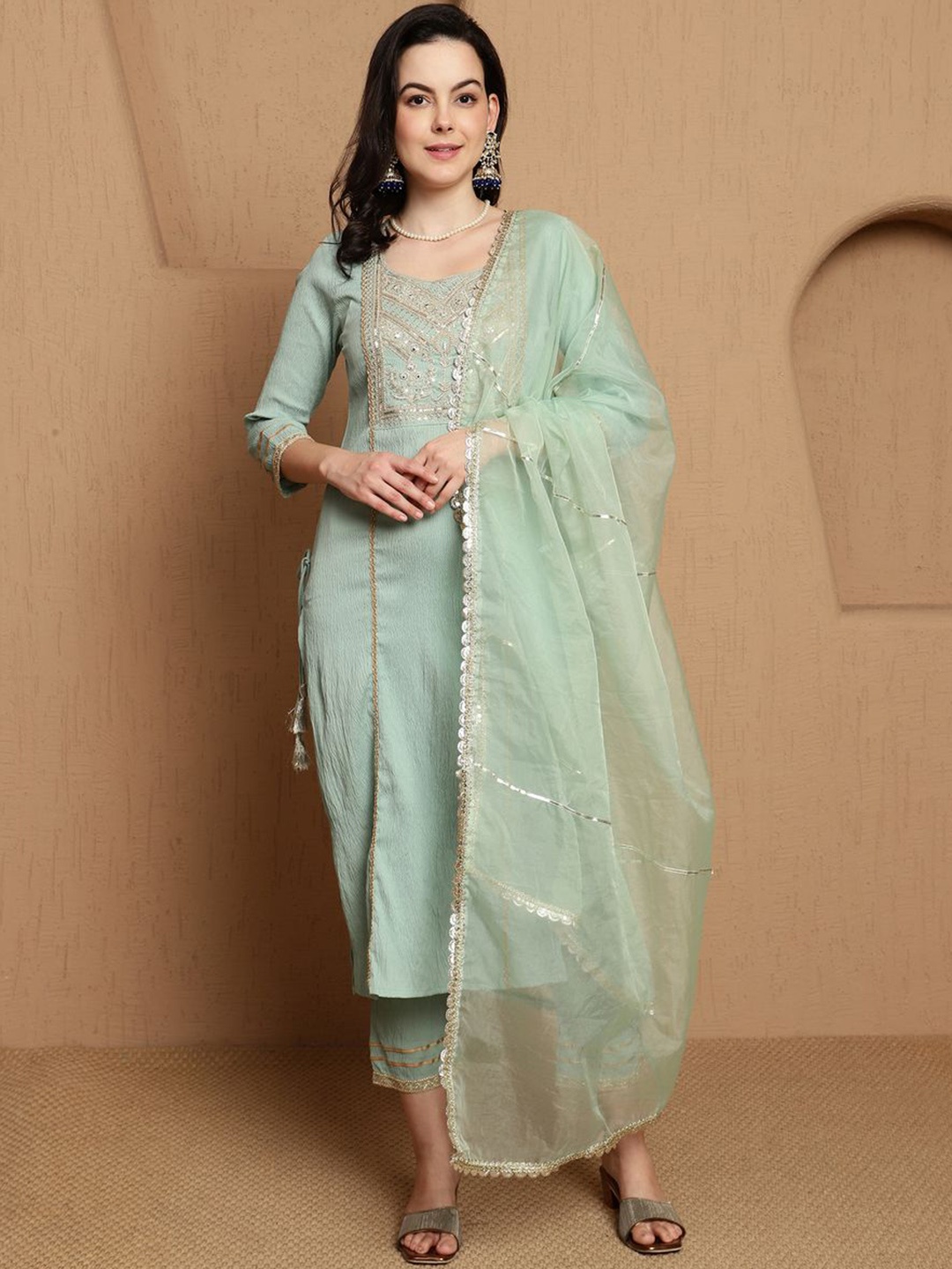 

BANDIA Ethnic Motifs Yoke Design Beads and Stones Straight Kurta With Trousers & Dupatta, Sea green