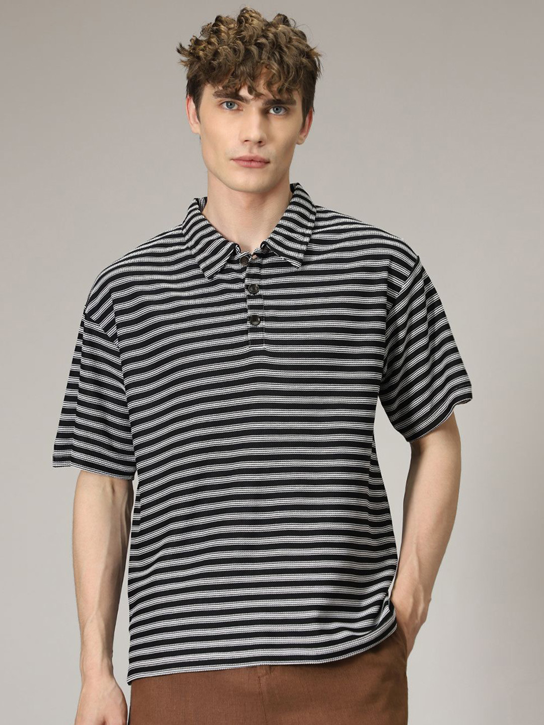 

Banana Club Men Striped Polo Collar Monochrome Pockets T-shirt, Black