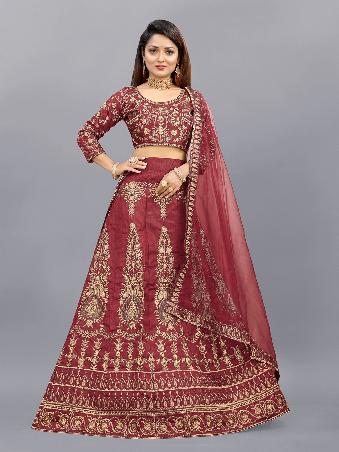 

LADY SHOPI Embroidered Semi-Stitched Lehenga & Unstitched Blouse With Dupatta, Maroon