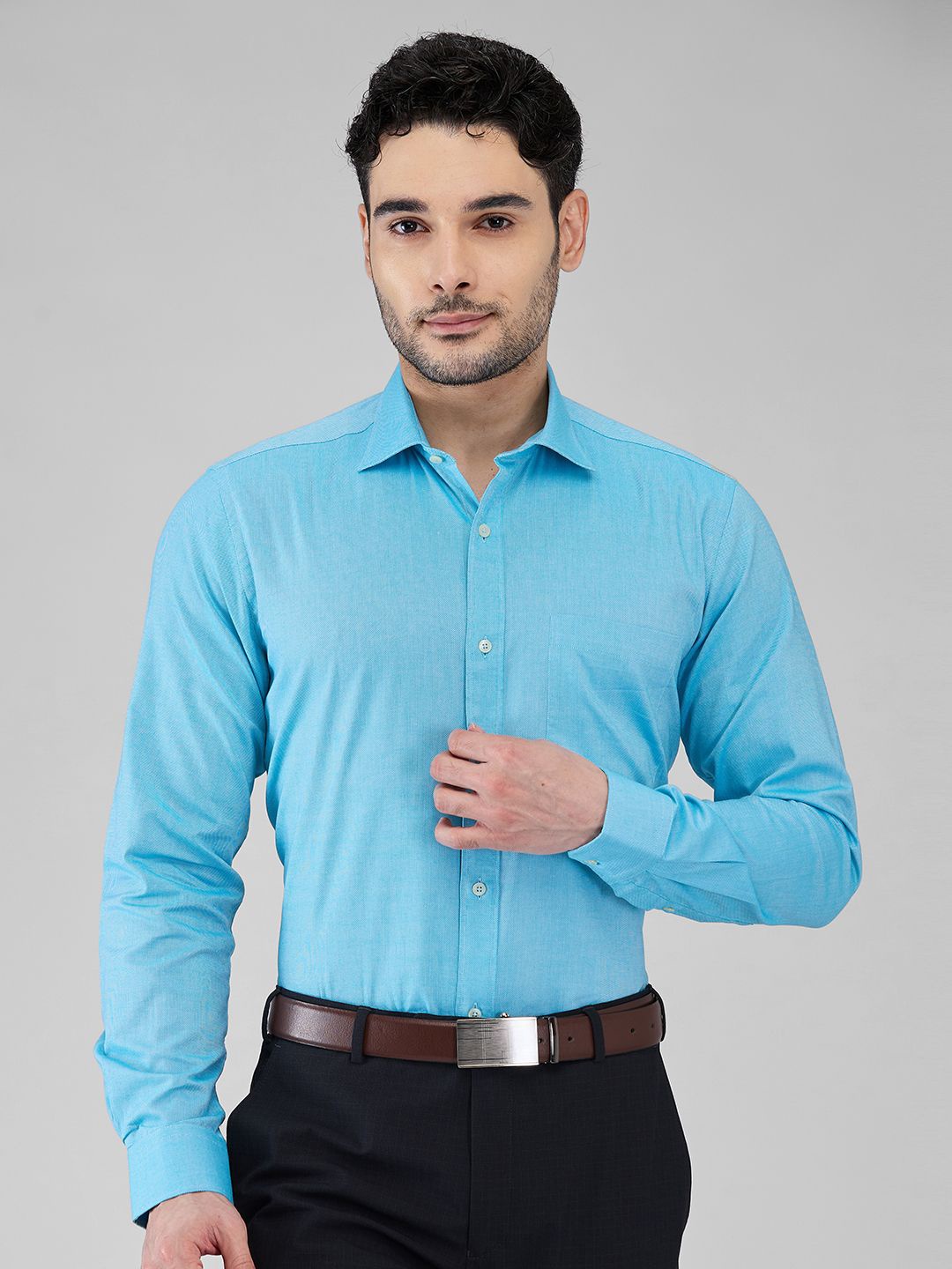 

Raymond Men Contemporary Spread Collar Solid Cotton Formal Shirt, Blue