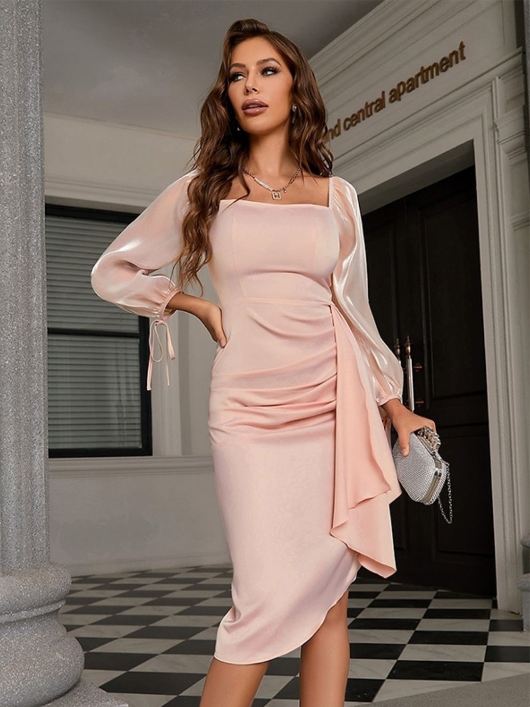 

KPOP Puff Sleeve Bodycon Midi Dress, Beige