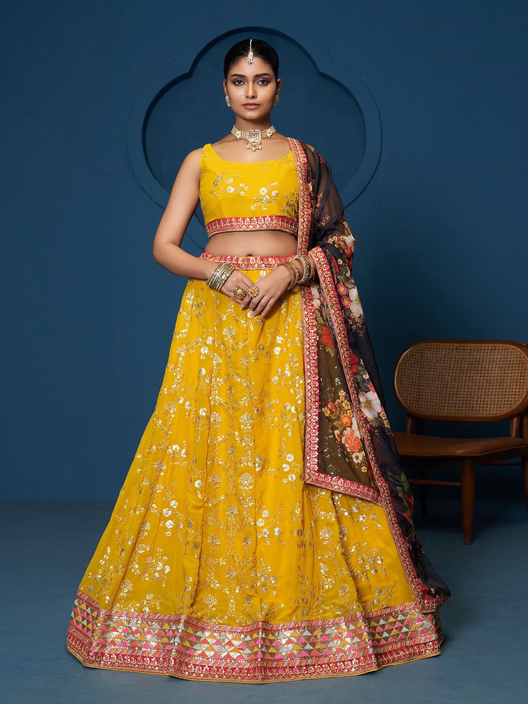 

JIHU CULTURE Embroidered Semi-Stitched Lehenga & Unstitched Blouse With Dupatta, Yellow